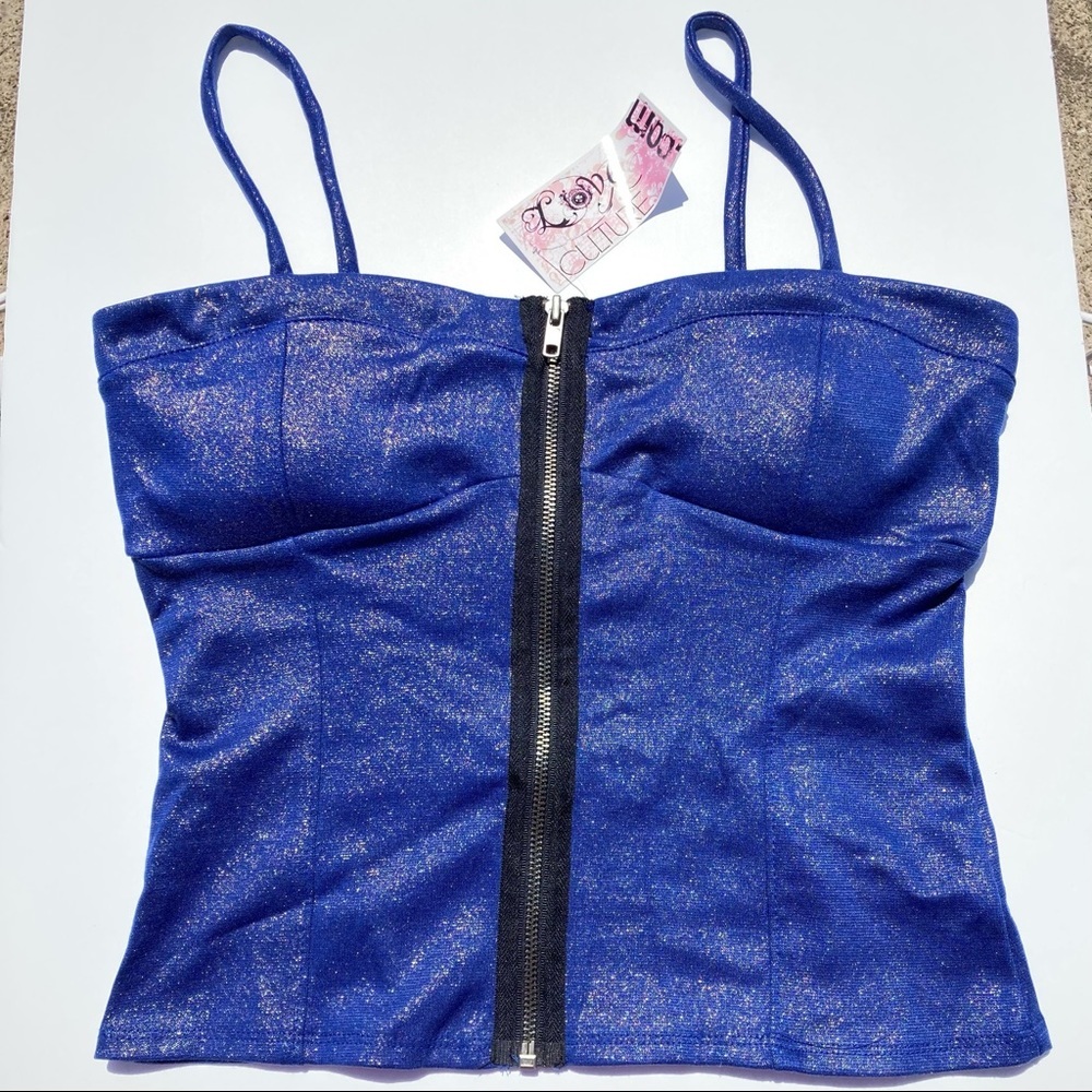 Love Culture Tank Top Large Blue Silver Shimmer Black Built In Bra Front Zip New